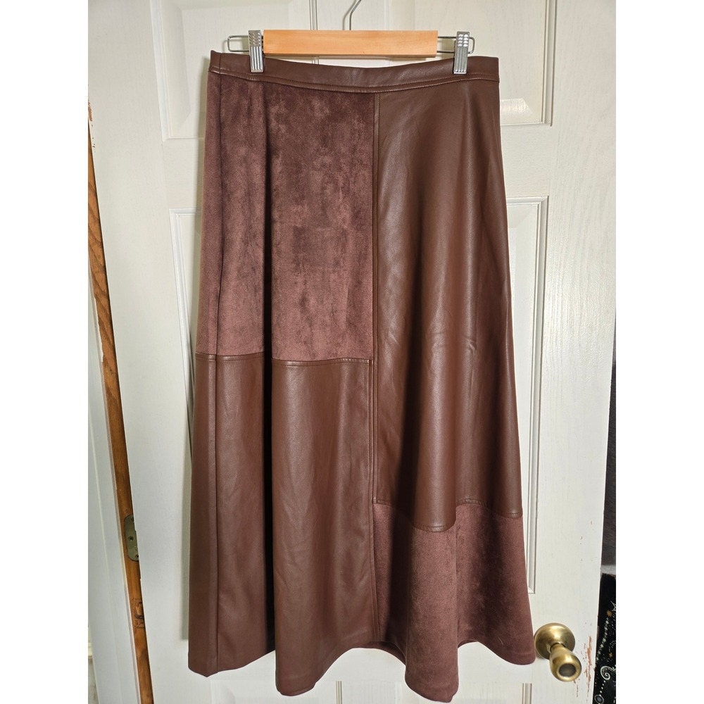 Halogen Brown Faux Leather Suede Patchwork Midi Skirt
